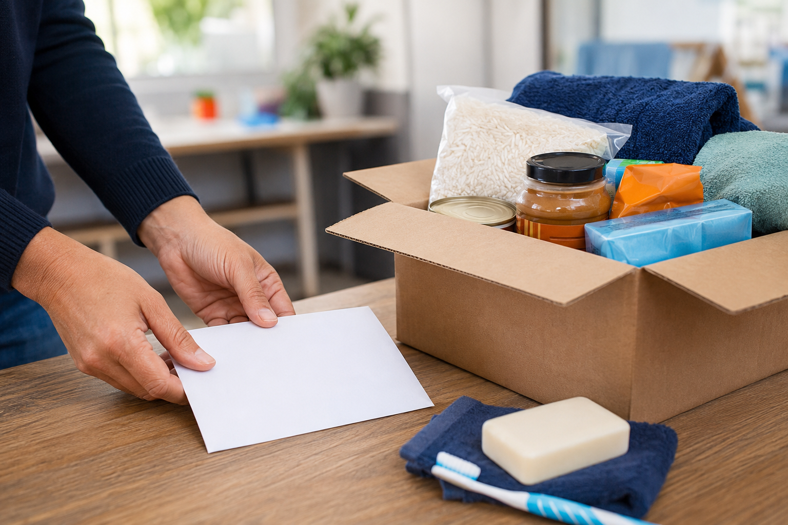 A donor placing an envelope beside a box of useful household goods