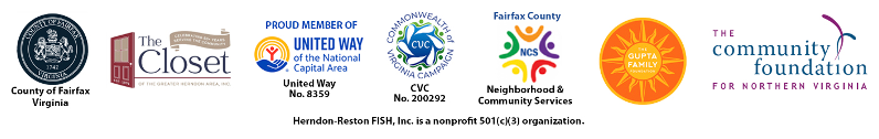 Logos of the County of Fairfax, The Closet, United Way of the National Capital Area, the Commonwealth of Virginia Campaign, Fairfax County Neighborhood and Community Services, Gupta Family Foundation, and the Community Foundation for Northern Virginia
