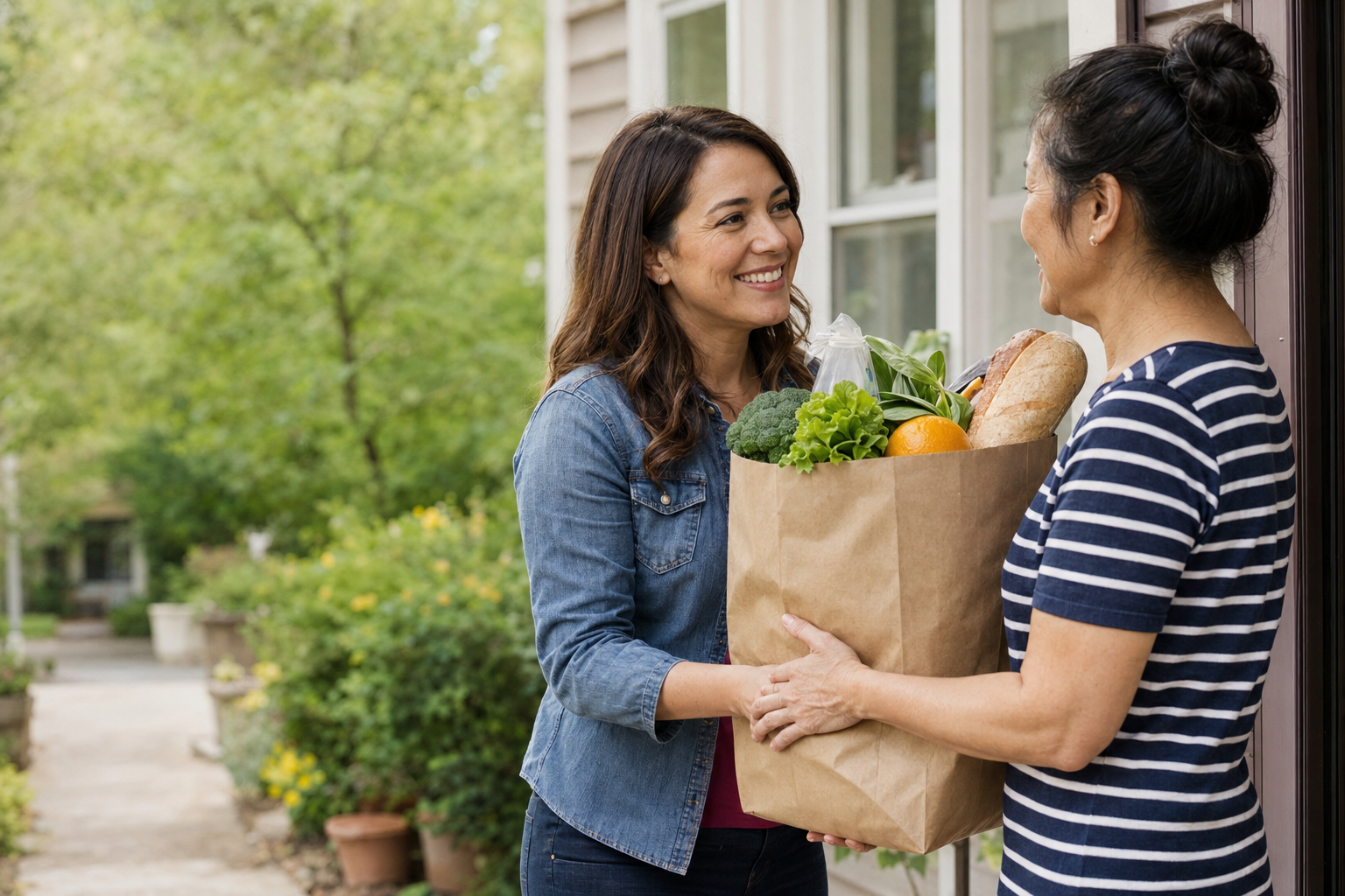One neighbor handing a bag of groceries to another